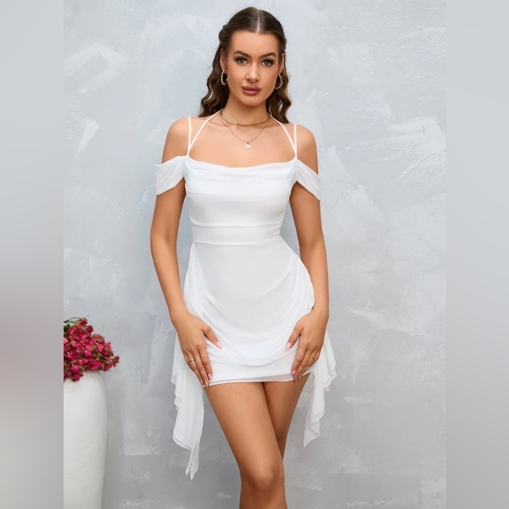Parthea Cold Shoulder Ruffle Trim Ruched Mesh Bodycon Dress - Picture 4 of 15